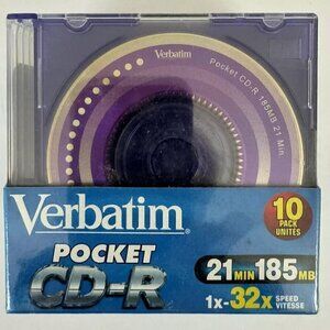 NWT Verbatim 94335 Pocket CD-R 21 Minute 185MB with Branded Color Surface - 10pk